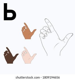 "Ь" is the thirtieth letter of the alphabet in sign language, Russian. Black and white hand drawing, and by skin tones. Vector illustration