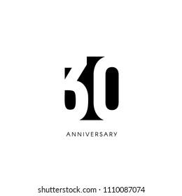 Thirty anniversary, minimalistic logo. Thirtieth years, 30th jubilee, greeting card. Birthday invitation. 30 year sign. Black negative space vector illustration on white background