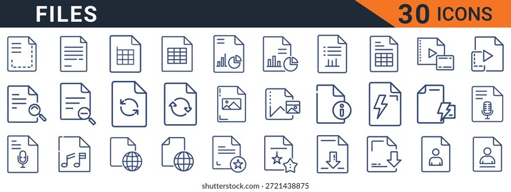 Treinta iconos azules que simbolizan diferentes tipos de archivos y documentos están dispuestos en una cuadrícula sobre un fondo blanco, mostrando una colección de representaciones de archivos digitales.