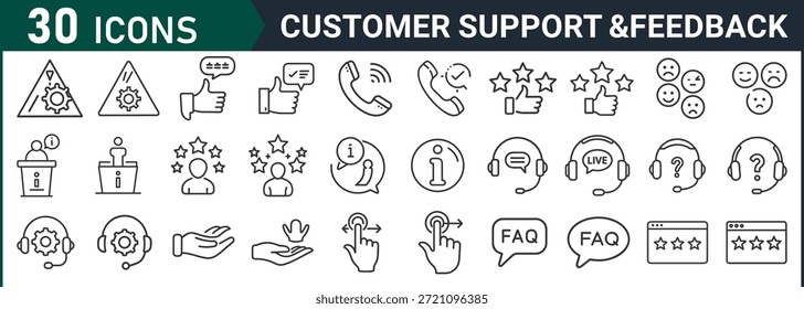 Thirty customer support and feedback icons in line style are displayed on a white background symbolizing various aspects of customer service and communication, perfect for use in user interface design and customer service applications, representing help, assistance, and quality assurance.