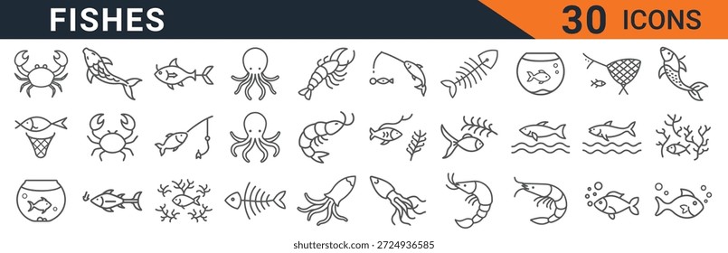 Treinta iconos diferentes de peces de página en estilo de arte lineal simple están dispuestos en una página que muestra una selección diversa de criaturas y animales acuáticos de la página, que simbolizan la fauna y la vida marina en un diseño minimalista moderno sobre un fondo blanco que ilustra una colección de arte digital.