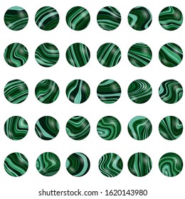 Thirty different round malachite beads for your design. Can be used for design of social media and blogs. Or to draw beautiful necklace.