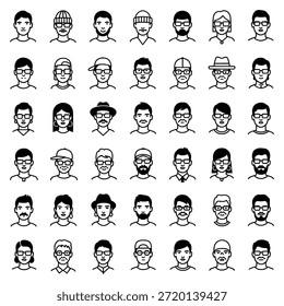 Thirty diverse cartoon faces with various hairstyles and accessories displayed in six rows.