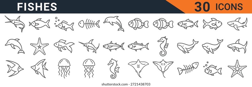 Thirty diverse fish and ocean creature icons are displayed together in a simple line art style, symbolizing marine life and underwater world,