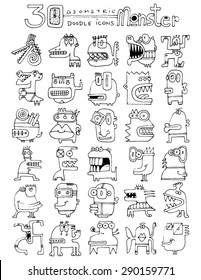 thirty doodle icons geometric MONSTER funny faces silly characters