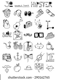 thirty doodle icons HIPSTER items sunglasses bow tie hat cat skateboard headphones