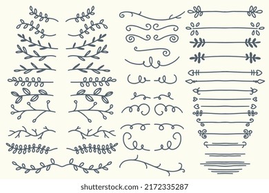 Thirty eight Hand drawn vector dividers. Lines, borders and laurels set. Doodle design elements isolated on white background.