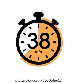 thirty eight minutes stopwatch icon, timer symbol, cooking time, cosmetic or chemical application time, 38 min waiting time vector illustration