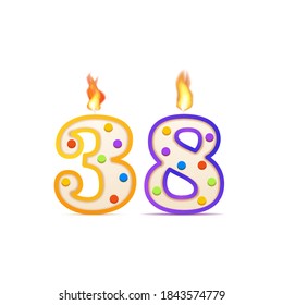 Thirty eight years anniversary, 38 number shaped birthday candle with fire isolated on white