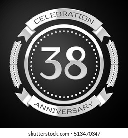 Thirty eight years anniversary celebration with silver ring and ribbon on black background. Vector illustration