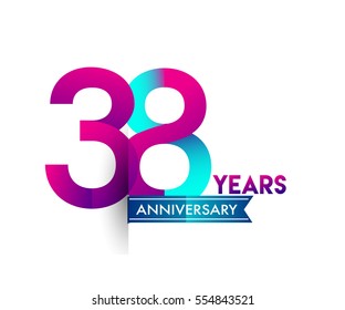 thirty eight years anniversary celebration logotype colorfull design with blue ribbon, 38th birthday logo on white background.