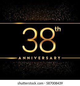 thirty eight years anniversary celebration logotype. 38th anniversary logo with confetti golden colored isolated on black background, vector design for greeting card and invitation card