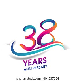 thirty eight years anniversary celebration logotype blue and red colored. 38th birthday logo on white background.