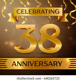 Thirty eight Years Anniversary Celebration Design. Confetti and gold ribbon on golden background. Colorful Vector template elements for your birthday party. Anniversary ribbon