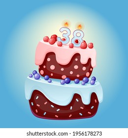 Thirty eight years birthday cake with candles number 38. Cute cartoon festive vector image. Chocolate biscuit with berries, cherries and blueberries. Happy Birthday illustration