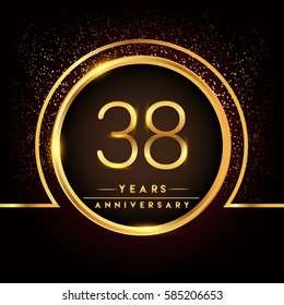 thirty eight years birthday celebration logotype. 38th anniversary logo with confetti and golden ring isolated on black background, vector design for greeting card and invitation card.