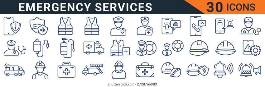 Thirty emergency services icons are presented in a simple blue line art PageDesign on a white background, representing various emergency services and professionals, including medical, fire, and rescue services, in a clean and minimalist visual PageDesign.