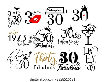 Thirty and fabulous 30th birthday celebration. Cake topper shirt template for cut file set. Cheers to Thirty years anniversary. svg