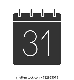 Thirty first day of month glyph icon. Date silhouette symbol. Wall calendar with 31 sign. Negative space. Vector isolated illustration