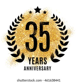 thirty five golden anniversary sign. Gold glitter celebration. Light bright symbol for event, invitation, award, ceremony, greeting. Laurel and star emblem, luxury elegant icon.