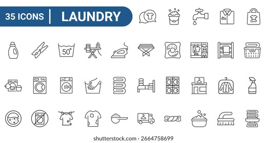 Trinta e cinco ícones de lavanderia com estilo de contorno, ideal para material educacional, infográficos, apresentações, site do projeto e aplicativo móvel.