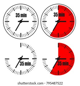 Thirty Five Minutes Clock on white background. Four options.