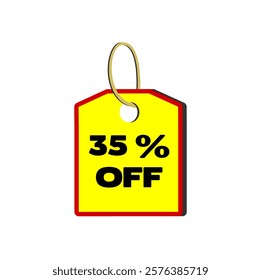 Thirty five percent discount coupon tag, 35% off, yellow with red border, black text, with beige cord on a white background