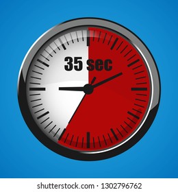 Thirty Five Seconds Clock on blue background. Clock 3d icon. Stopwatch icon. Vector illustration EPS 10.