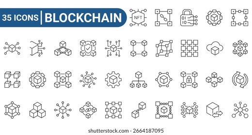 Thirty five thin line icons illustrating various blockchain concepts to enhance tech presentations and financial reports. Perfect for cryptocurrency websites. editable stroke