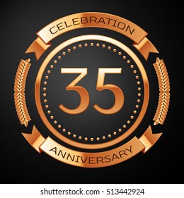 Thirty five years anniversary celebration with golden ring and ribbon.