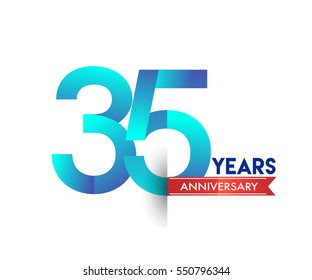 thirty five years anniversary celebration logotype blue colored with red ribbon. 35th birthday logo on white background