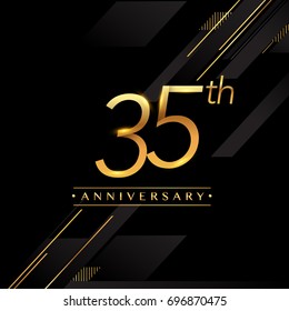 thirty five years anniversary celebration logotype. 35th anniversary logo golden colored isolated on black background, vector design for greeting card and invitation card.