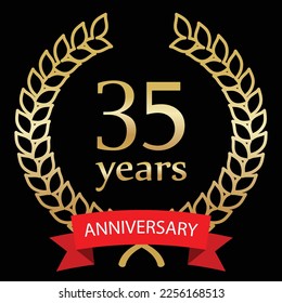 thirty five years anniversary, gold laurel wreath, vector illustration