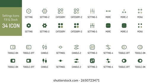 Thirty Four Green Olive U I Settings Icons Toggle On Off Menu Candlestick Chart vector