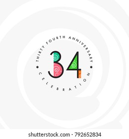 Thirty four years, 34th Anniversary Celebration Logo Design, Number 34 Icon Vector Template.