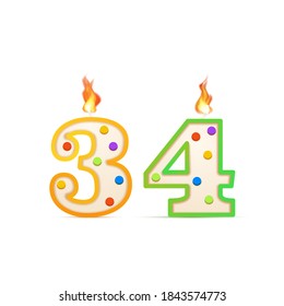 Thirty four years anniversary, 34 number shaped birthday candle with fire isolated on white