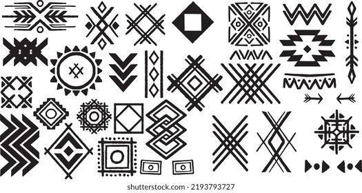 Thirty Hand drawn set of aztec tribal drawing isolated on white background.