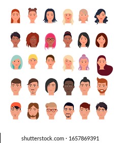 Thirty heads of characters of girls and men.