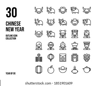 Thirty icons in outline style, suitable for Chinese New Year event celebration.
