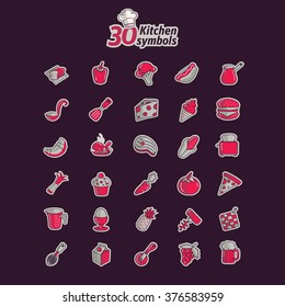 Thirty isolated pink cartoon kitchen symbols 