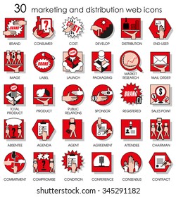 Thirty line icons set with flat design elements of marketing and distribution of goods and products. Modern vector pictogram collection concept