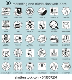 Thirty line icons set with flat design elements of marketing and distribution of goods and products. Modern vector pictogram collection concept