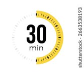 Thirty minute timer, clock, stopwatch, time, countdown timer, cooking time icon. Yellow color dial representing time measurement, progress, deadline, chronometer, alarm, kitchen timer label.