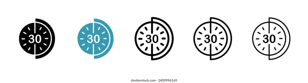 Thirty Minute Timer Vector Icon Set. Half-hour duration clock vector symbol for UI design.