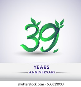 thirty nine years anniversary celebration logotype with leaf and green colored. 39th birthday logo on white background.