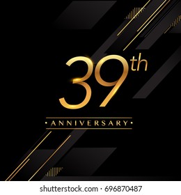 thirty nine years anniversary celebration logotype. 39th anniversary logo golden colored isolated on black background, vector design for greeting card and invitation card.
