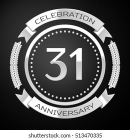 Thirty one years anniversary celebration with silver ring and ribbon on black background. Vector illustration