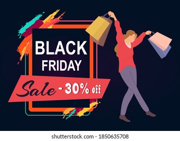 Thirty percent discount announcement. Sale advertisement. Happy woman with shopping bags in her hands. Young beautiful girl picks up multi-colored packages with clothes. Female character shopping