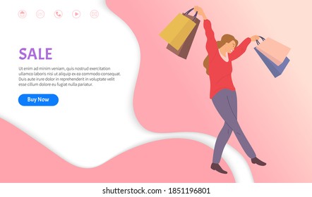 Thirty percent discount announcement. Sale advertisement. Happy woman with shopping bags in her hands. Young beautiful girl picks up multi-colored packages with clothes. Female character shopping