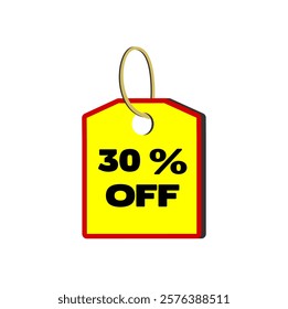 Thirty percent discount coupon tag, 30% off, yellow with red border, black text, with beige cord on a white background